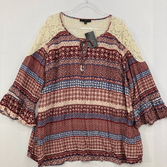 New Fred David size 3X Multi Geometric Artsy Lace Detail Tie Front Boho Blouse - Picture 1 of 10